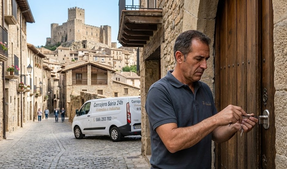 Cerrajero instalando cerradura de seguridad en puerta rústica en Súria